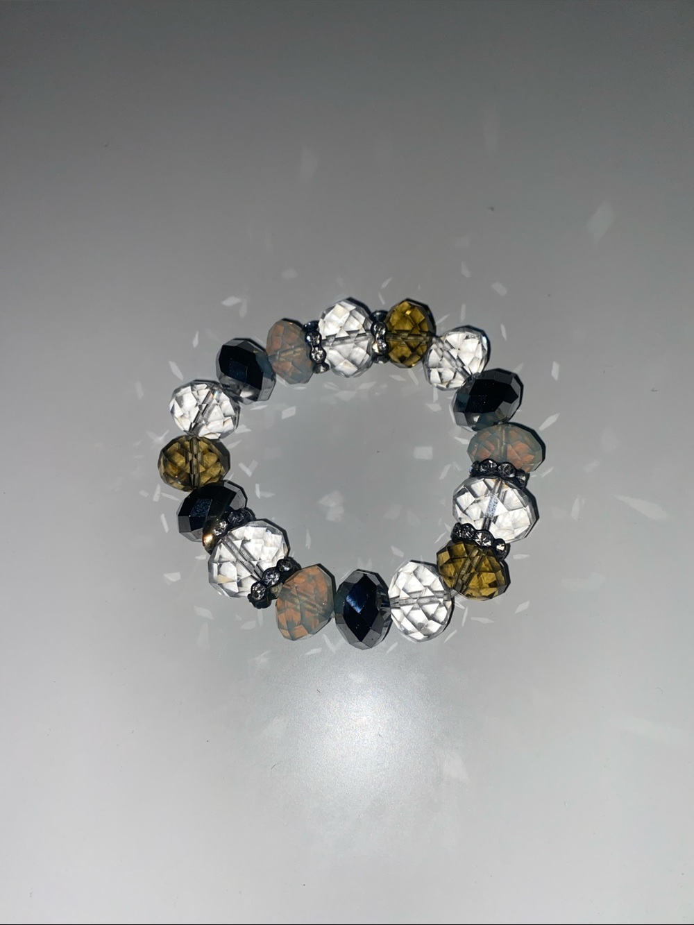 Elegant Faceted Glass Bead Stretch Bracelet - Black, Clear & Amber